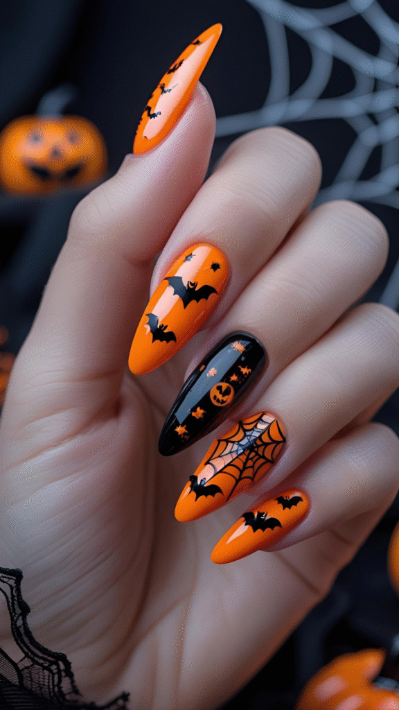 Halloween Orange and Black Acrylic Nails