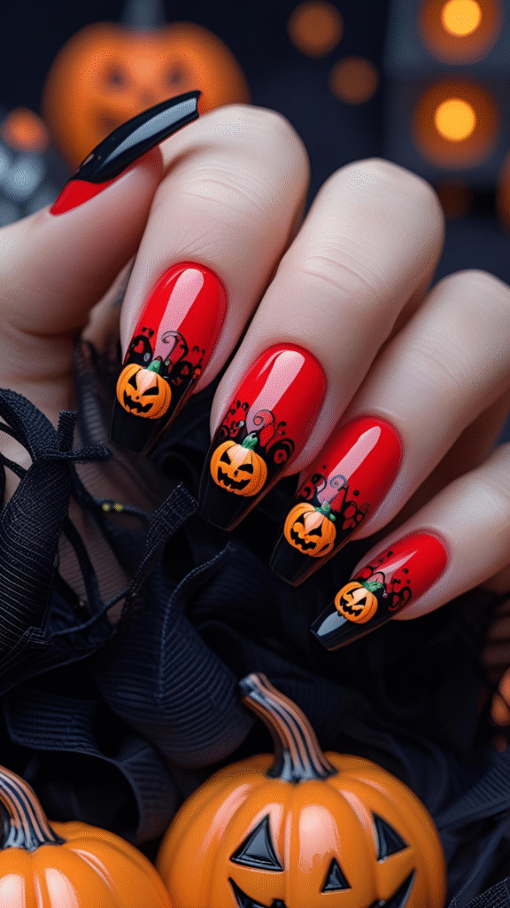 Halloween nails pumpkin is too cute, opt for long red and black nails