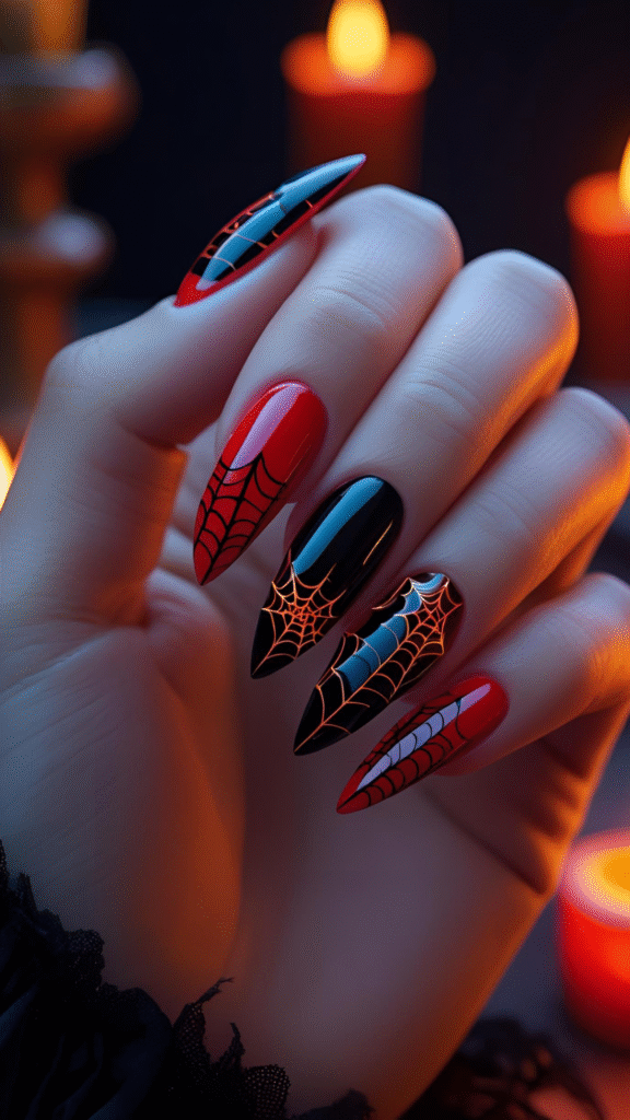 Red and Black Pointy Nails Halloween Nails